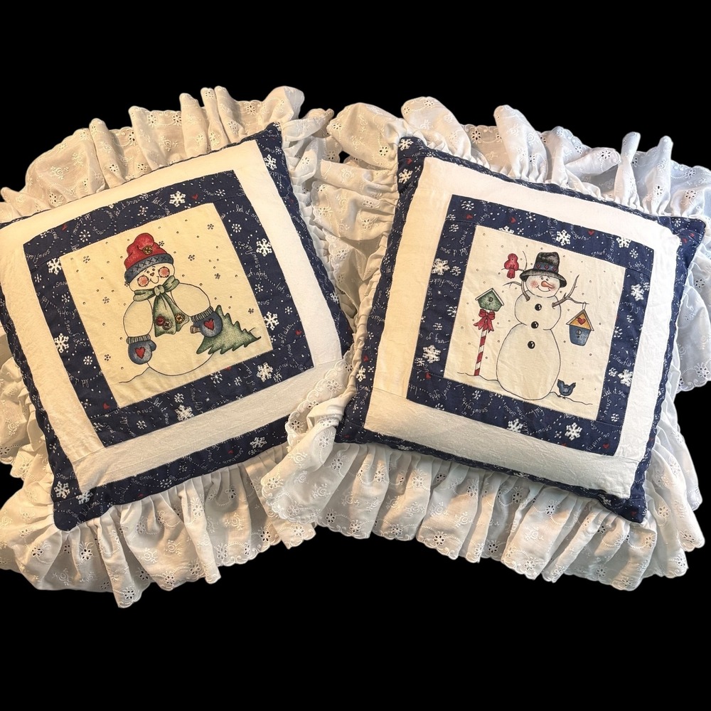 Set of 2 Vintage Quilted Throw Pillows Snowman‎ Christmas Winter   Grannycore